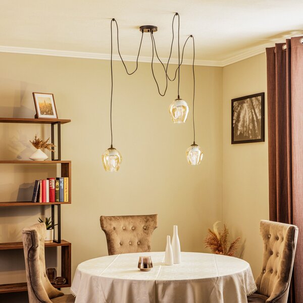 EMIBIG LIGHTING Κρεμαστή λάμπα Starla, γυαλί κεχριμπαρένιο, 3 φλόγες, αποκεντρωμένη, ρυθμιζόμενος, Μαύρο, Σαλόνι / τραπεζαρία, Μέταλλο, σύγχρονο