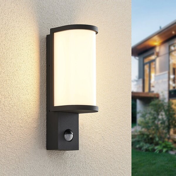 Lucande Jokum LED φωτιστικό τοίχου εξωτερικού χώρου, IP54, αισθητήρας, Γκρι, Μέταλλο, σύγχρονο