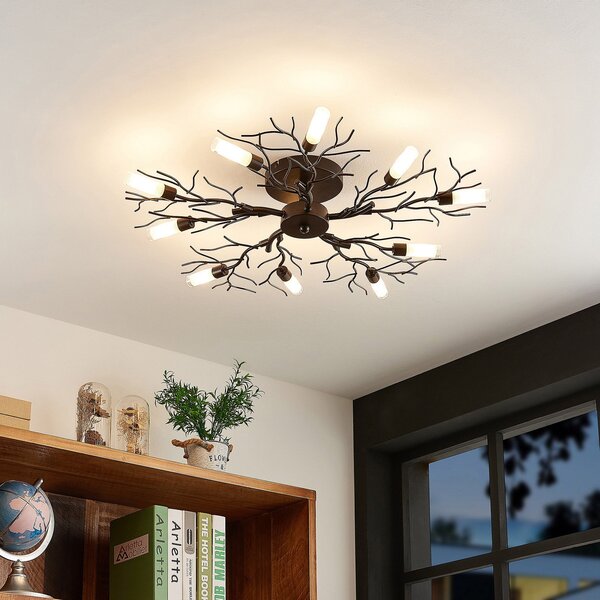Lindby Φωτιστικό οροφής Bigna, Ø 68 cm, 10-φωτο, γυαλί, μέταλλο, ρυθμιζόμενος, Καφέ / Σκουριάς, Σαλόνι / τραπεζαρία, Μέταλλο, σύγχρονο