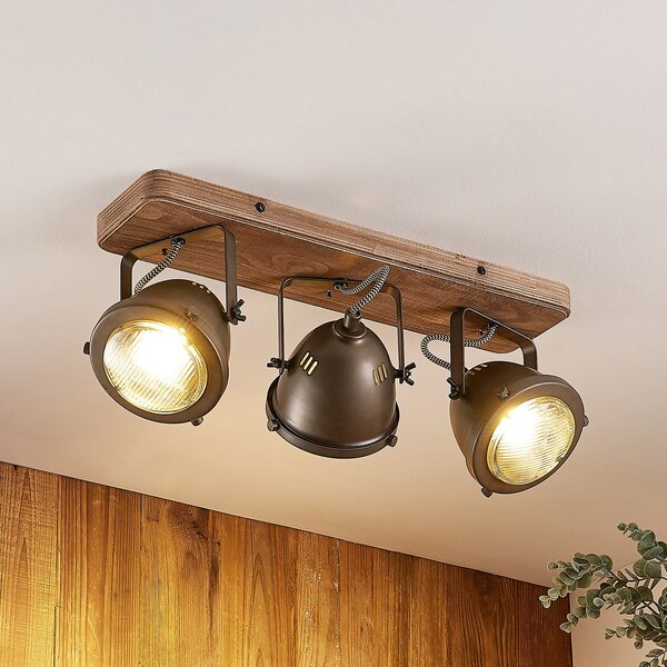 Lindby σποτ οροφής Farovi, μαύρο, 44 cm, 3-φωτιστικό, ξύλο, GU10, ρυθμιζόμενος, Μαύρο, Σαλόνι / τραπεζαρία, Ξύλο, Βιομηχανικός σχεδιασμός