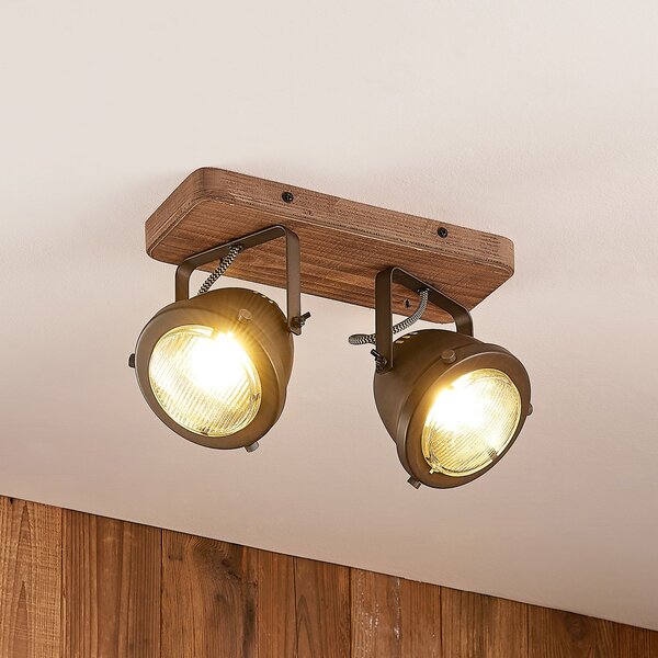 Lindby Σποτ οροφής Farovi, μαύρο, 27 cm, 2-φωτισμός, GU10, ρυθμιζόμενος, Μαύρο, Σαλόνι / τραπεζαρία, Ξύλο, Βιομηχανικός σχεδιασμός