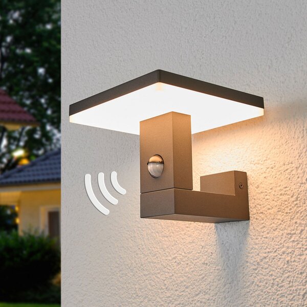 Lucande LED φωτιστικό τοίχου εξωτερικού χώρου Olesia, 15 cm, αισθητήρας, IP54, Μαύρο, Αλουμίνιο, σύγχρονο