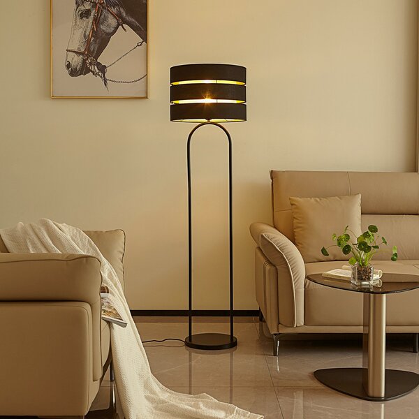 Lindby φωτιστικό δαπέδου Tsomo, Ø 40 cm, μαύρο, ύφασμα, E27, Μαύρο, Σαλόνι / τραπεζαρία, Ύφασμα / Κλωστοϋφαντουργία, Σκανδιναβικό