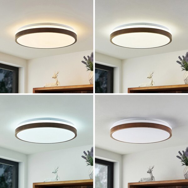 Lindby LED φωτιστικό οροφής Hudsona, Ø 49 cm, ξύλο, καφέ, ρυθμιζόμενος, Ξύλου, Σαλόνι / τραπεζαρία, Ξύλο, σύγχρονο