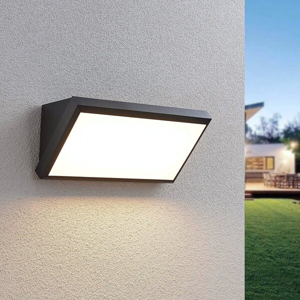 Lindby Εξωτερικό φωτιστικό τοίχου LED Abby, γκρι, πλαστικό, IP65, Μαύρο, Πλαστικό, σύγχρονο, Πρίζα τοίχου κάτω