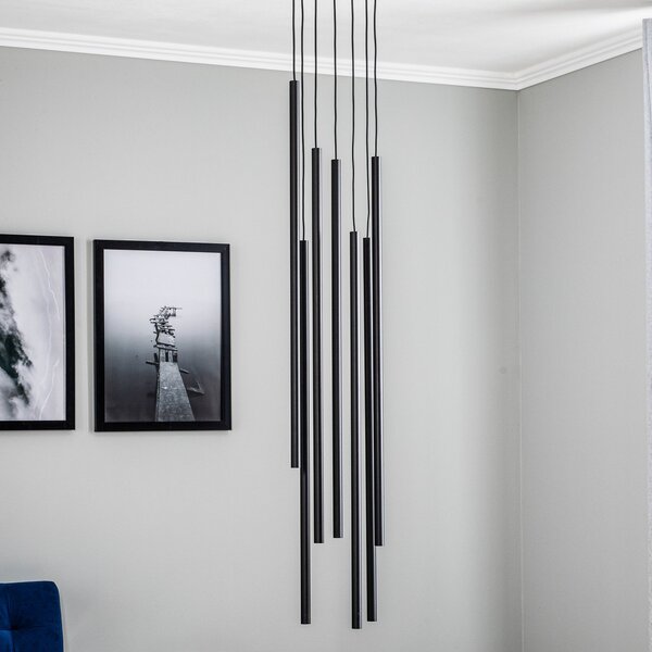 Nowodvorski Lighting Κρεμαστό φωτιστικό Laser, επτά φλόγες, μαύρο, ρυθμιζόμενος, Μαύρο, Σαλόνι / τραπεζαρία, Μέταλλο, σύγχρονο