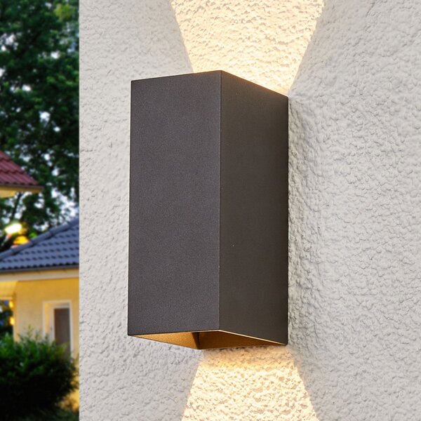 Lucande LED φωτιστικό τοίχου εξωτερικού χώρου Mikka, 17 cm, ανθρακί, 2-φωτο., Μαύρο, Μέταλλο, σύγχρονο