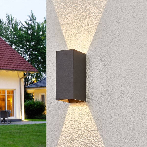 Lucande LED φωτιστικό τοίχου εξωτερικού χώρου Mikka, 17 cm, ανθρακί, 2-φωτο., Μαύρο, Μέταλλο, σύγχρονο