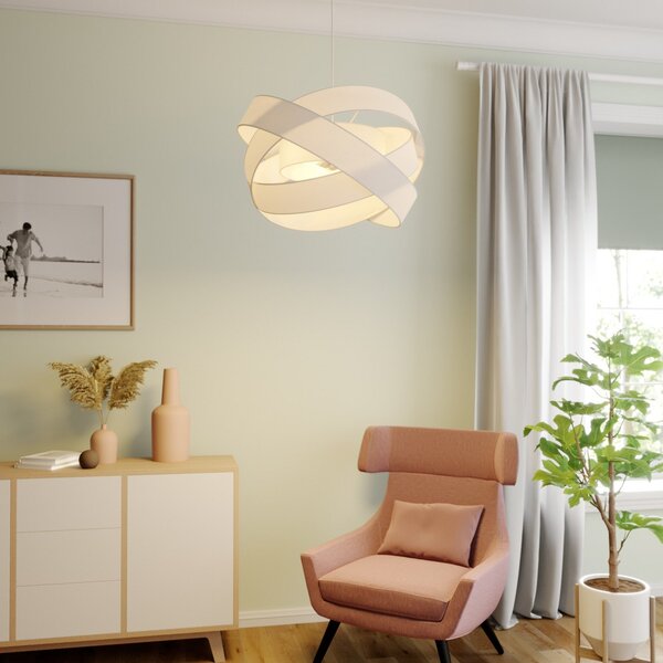 Lindby κρεμαστό φωτιστικό Simaria, λευκό, ύφασμα, Ø 60 cm, E27, ρυθμιζόμενος, Λευκό, Σαλόνι / τραπεζαρία, Ύφασμα / Κλωστοϋφαντουργία, σύγχρονο