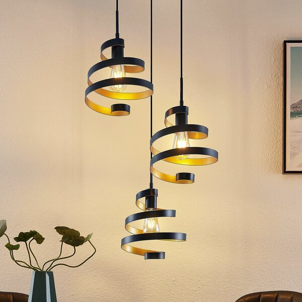 Lindby Colten κρεμαστό φωτιστικό, Ø 50 cm, 3-φωτο, μαύρο, χρυσό, ρυθμιζόμενος, Μαύρο, Σαλόνι / τραπεζαρία, Μέταλλο, σχεδιασμός