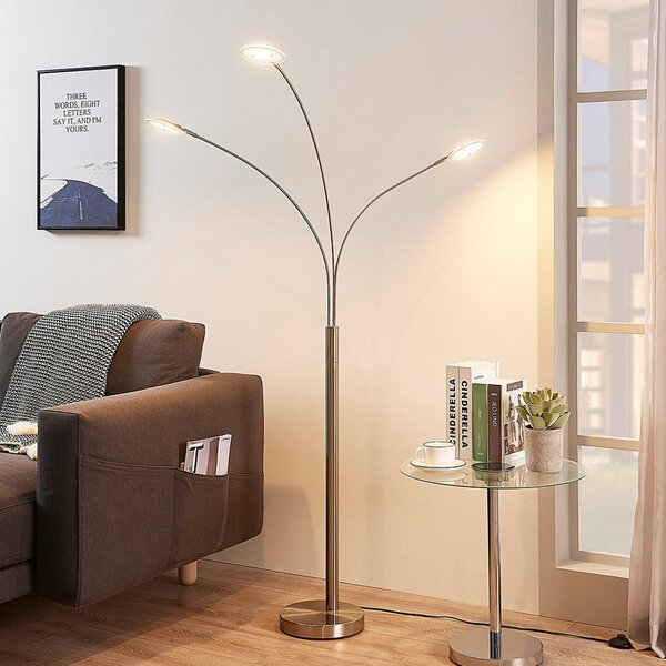 Lindby LED φωτιστικό δαπέδου Anea, 168 cm, 3-φωτο, νικελί χρώμα, Μεταλλικό, Σαλόνι / τραπεζαρία, Μέταλλο, σύγχρονο