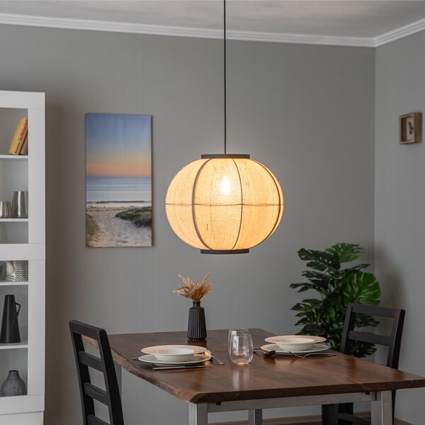 Lindby κρεμαστό φωτιστικό Aurinil, χρώμα ξύλου, λινό, Ø 48cm, E27, ρυθμιζόμενος, Ξύλου, Σαλόνι / τραπεζαρία, Ύφασμα / Κλωστοϋφαντουργία, Εξοχική κατοικία / Ρουστίκ