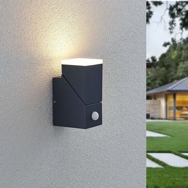 Lindby LED φωτιστικό τοίχου Sally, 15 cm, ανθρακί, IP54, αισθητήρας, Μαύρο, Αλουμίνιο, σύγχρονο, Πρίζα τοίχου
