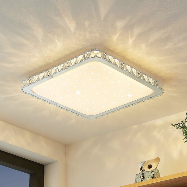 Lindby LED οροφής Lorand, κρύσταλλα, CCT, τηλεχειριστήριο, ρυθμιζόμενος, Λευκό, Σαλόνι / τραπεζαρία, Κρύσταλλο, σύγχρονο