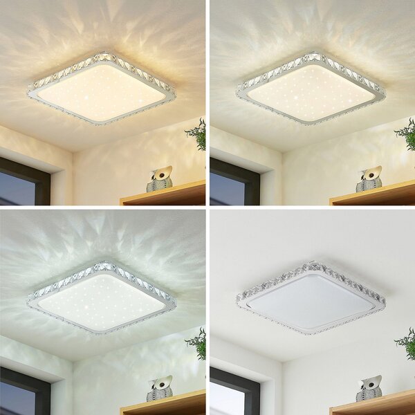Lindby LED οροφής Lorand, κρύσταλλα, CCT, τηλεχειριστήριο, ρυθμιζόμενος, Λευκό, Σαλόνι / τραπεζαρία, Κρύσταλλο, σύγχρονο