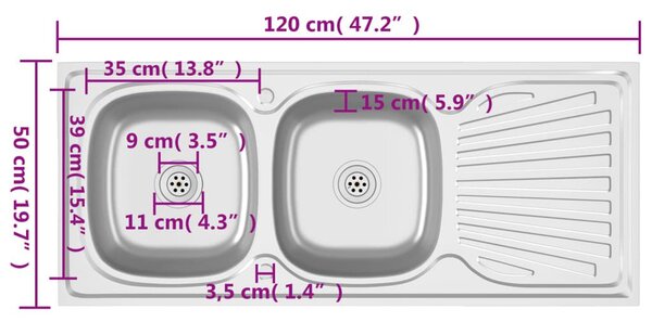 Νεροχύτης Διπλή Γούρνα Ασημί 1200x500x155 χιλ. Ανοξείδ. Ατσάλι - Ασήμι