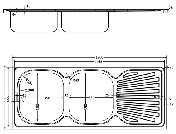 Νεροχύτης Διπλή Γούρνα Ασημί 1200x500x155 χιλ. Ανοξείδ. Ατσάλι - Ασήμι