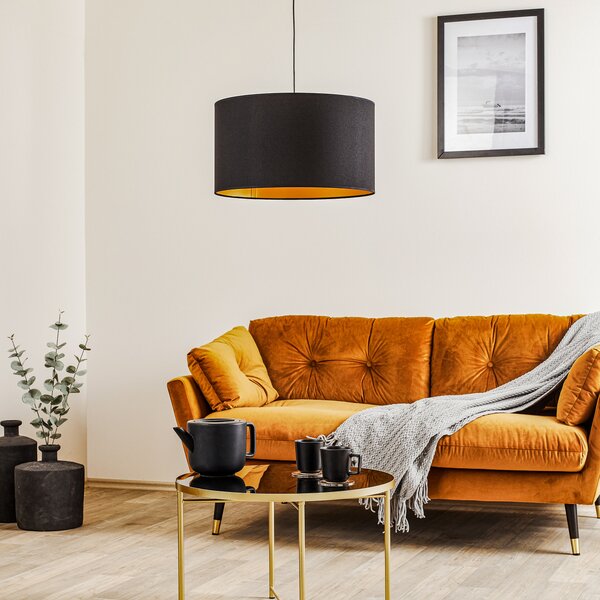 Euluna Roller κρεμαστή λάμπα, μαύρο/χρυσό, Ø 45 cm, ρυθμιζόμενος, Μαύρο, Σαλόνι / τραπεζαρία, Ύφασμα / Κλωστοϋφαντουργία, σύγχρονο
