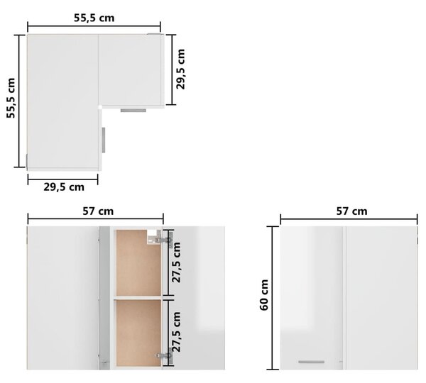 Ντουλάπι Γωνία Κρεμαστό Γυαλ. Λευκό 57x57x60 εκ. Μοριοσανίδα - Λευκό