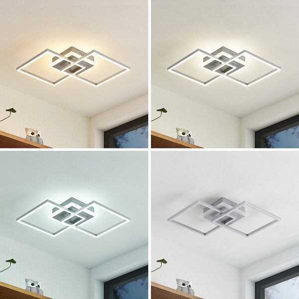 Lindby LED φωτιστικό οροφής Fjardo, γωνιακό, ασημί, CCT, τηλεχειριστήριο, ρυθμιζόμενος, Μεταλλικό, Σαλόνι / τραπεζαρία, Μέταλλο, σύγχρονο