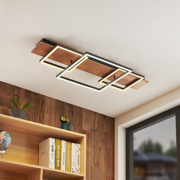 Lucande LED φωτιστικό οροφής Chariska, 95cm, μαύρο, ξύλο, CCT, ρυθμιζόμενος, Ξύλου, Σαλόνι / τραπεζαρία, Ξύλο, σύγχρονο