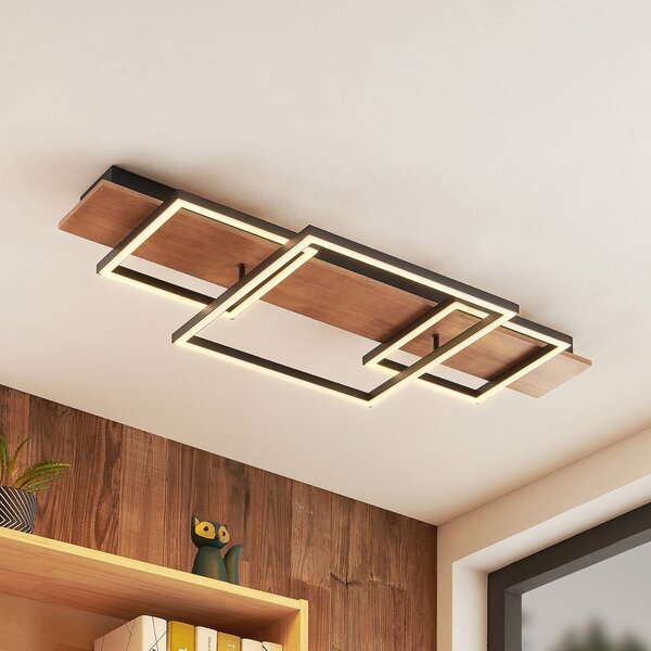 Lucande LED φωτιστικό οροφής Chariska, 95cm, μαύρο, ξύλο, CCT, ρυθμιζόμενος, Ξύλου, Σαλόνι / τραπεζαρία, Ξύλο, σύγχρονο
