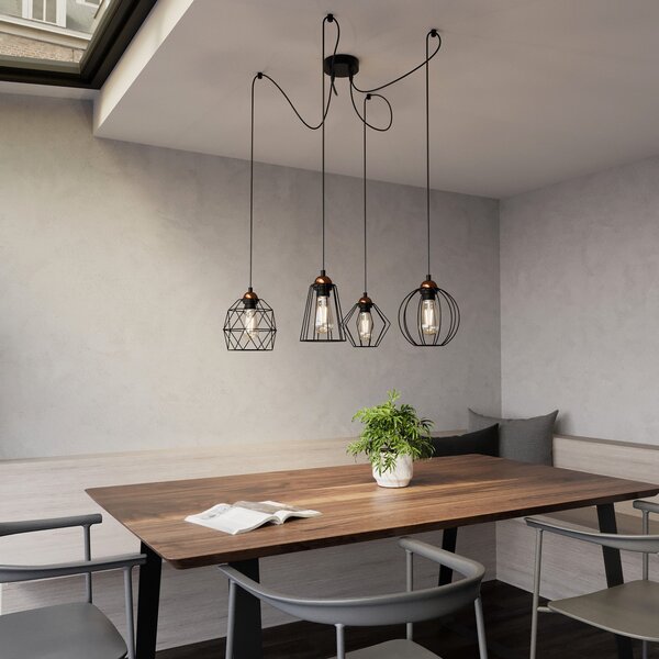 TK Lighting Κρεμαστό φωτιστικό Galaxy με τέσσερα κλουβιά-αμπαζούρ, ρυθμιζόμενος, Μαύρο, Σαλόνι / τραπεζαρία, Μέταλλο, σύγχρονο