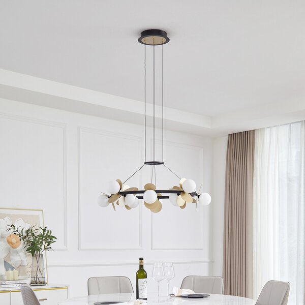 Lucande LED κρεμαστό φωτιστικό Pallo, 12-light, μαύρο/χρυσό, γυαλί, ρυθμιζόμενος, Μαύρο, Σαλόνι / τραπεζαρία, Μέταλλο, σύγχρονο