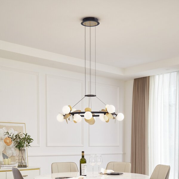 Lucande LED κρεμαστό φωτιστικό Pallo, 12-light, μαύρο/χρυσό, γυαλί, ρυθμιζόμενος, Μαύρο, Σαλόνι / τραπεζαρία, Μέταλλο, σύγχρονο