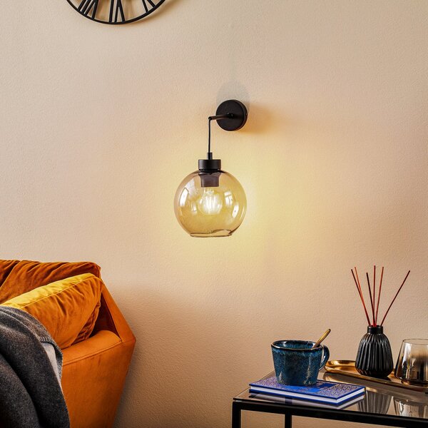 TK Lighting Απλίδα τοίχου Cubus, μαύρο/καπνιστό γκρι, γυαλί, ύψος 30 cm, E27, ρυθμιζόμενος, Γκρι, Σαλόνι / τραπεζαρία, Γυαλί, σύγχρονο, Σφαίρα