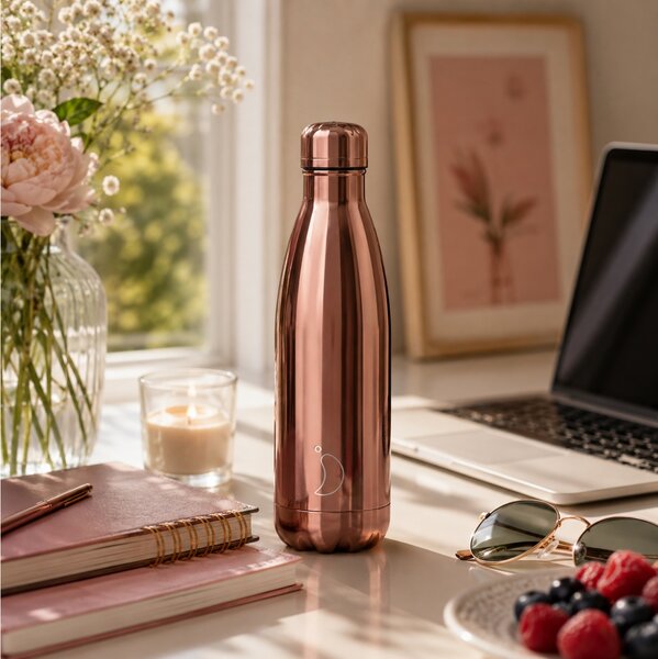 Μπουκάλι Θερμός Original Chilly's με χωρητικότητα 500ml και διατήρηση θερμοκρασίας 12h ζεστό / 24h κρύο - Chrome Rose Gold