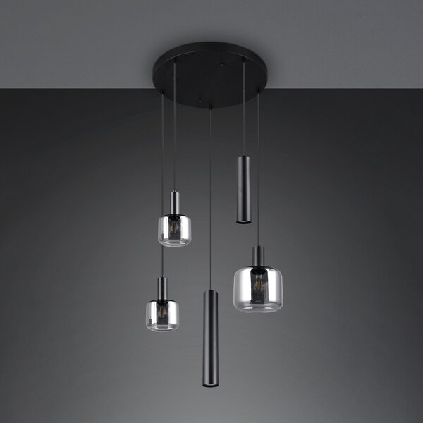 Trio Lighting Κρεμαστό φωτιστικό Mataro, χρώμιο/μαύρο, Ø 55 cm 5-φωτο γυαλί/μέταλλο, ρυθμιζόμενος, Μαύρο, Σαλόνι / τραπεζαρία, Γυαλί, σύγχρονο