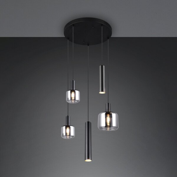 Trio Lighting Κρεμαστό φωτιστικό Mataro, χρώμιο/μαύρο, Ø 55 cm 5-φωτο γυαλί/μέταλλο, ρυθμιζόμενος, Μαύρο, Σαλόνι / τραπεζαρία, Γυαλί, σύγχρονο