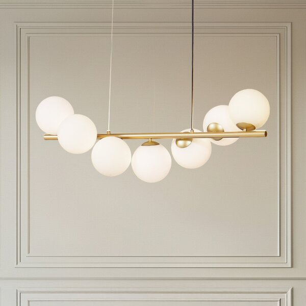 Lucande κρεμαστό φωτιστικό Isandro, 95 cm, χρυσό, λευκό, 7-light, G9, ρυθμιζόμενος, Χρυσό / Ορείχαλκου, Σαλόνι / τραπεζαρία, Γυαλί, σχεδιασμός