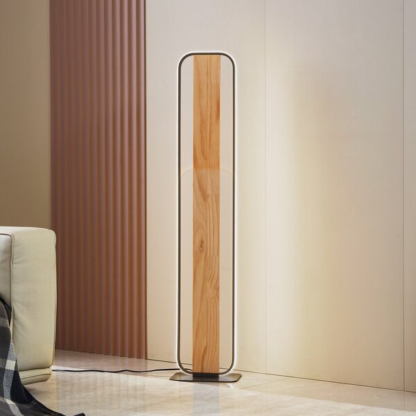 Lindby LED φωτιστικό δαπέδου Romilda, γκρι, ξύλο, ύψος 122 cm, Ξύλου, Σαλόνι / τραπεζαρία, Αλουμίνιο, Εξοχική κατοικία / Ρουστίκ