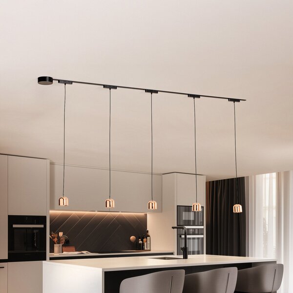 Lindby Lumaro track system, κρεμαστό, 5-φωτο, χρυσό, 48V, dimmable, ρυθμιζόμενος, Μαύρο, Σαλόνι / τραπεζαρία, Αλουμίνιο, σύγχρονο, Κρεμαστά πολλαπλής φλόγας