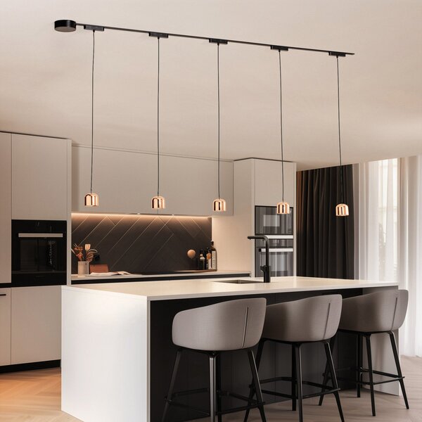 Lindby Lumaro track system, κρεμαστό, 5-φωτο, χρυσό, 48V, dimmable, ρυθμιζόμενος, Μαύρο, Σαλόνι / τραπεζαρία, Αλουμίνιο, σύγχρονο, Κρεμαστά πολλαπλής φλόγας