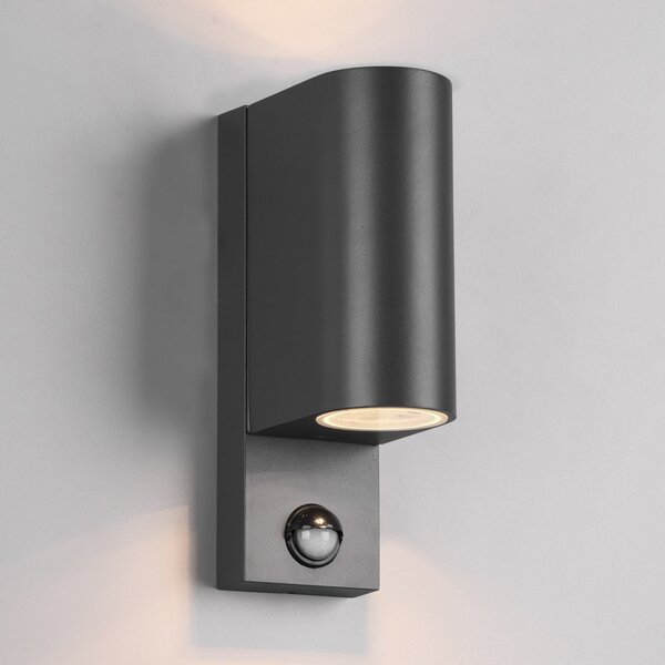Trio Lighting Εξωτερικό φωτιστικό τοίχου Roya 2flg, αισθητήρας, στρογγυλό ανθρακί, ρυθμιζόμενος, Μαύρο, Μέταλλο, σύγχρονο