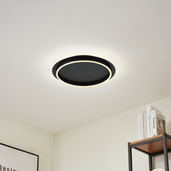 Lindby LED φωτιστικό οροφής Kunis, μαύρο, πλαστικό, Ø 46 cm, Μαύρο, Σαλόνι / τραπεζαρία, Πλαστικό, σύγχρονο