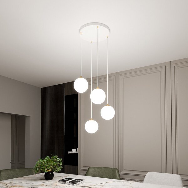 EMIBIG LIGHTING Κρεμαστό φωτιστικό Royal, 4 φώτα, λευκό οπαλίνα/λευκό, γυαλί, E14, ρυθμιζόμενος, Λευκό, Σαλόνι / τραπεζαρία, Γυαλί, σύγχρονο