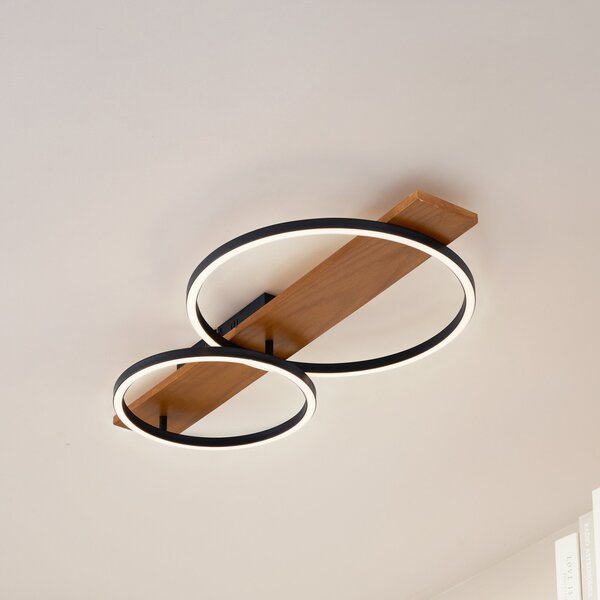 Lindby LED φωτιστικό οροφής Galad, μαύρο, ξύλο, 2-φωτιστικό, 75 cm, ρυθμιζόμενος, Ξύλου, Σαλόνι / τραπεζαρία, Ξύλο, σύγχρονο, Οροφή στρογγυλή άμεση