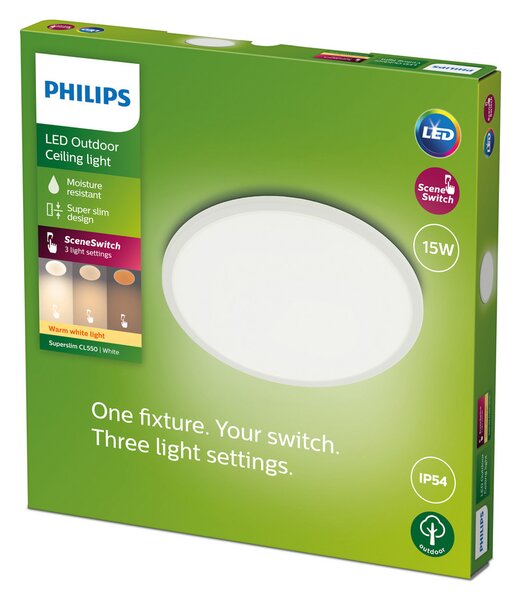 Philips SuperSlim LED IP54 Ø 25cm 2,700K λευκό, ρυθμιζόμενος, Λευκό, Μέταλλο