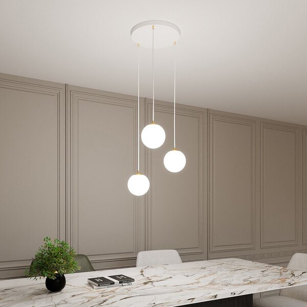 EMIBIG LIGHTING Κρεμαστό φωτιστικό Royal, 3 φώτα, λευκό οπαλίνα/λευκό, γυαλί, E14, ρυθμιζόμενος, Λευκό, Σαλόνι / τραπεζαρία, Γυαλί, σύγχρονο