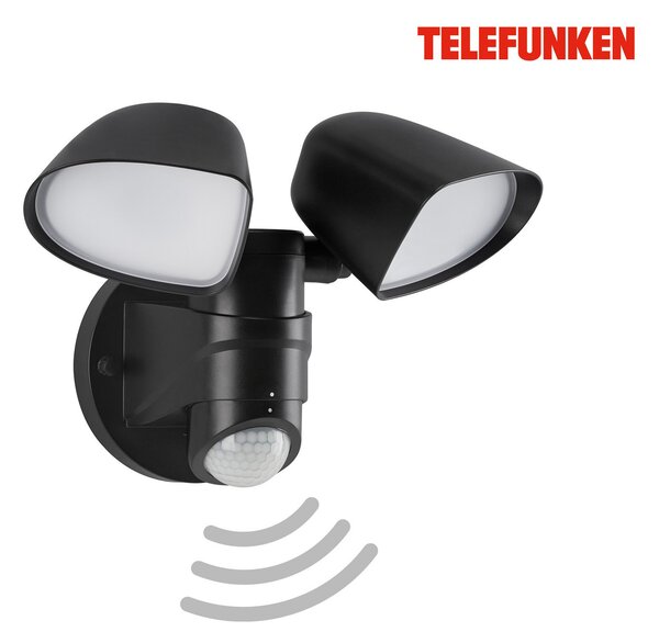 Telefunken Εξωτερικός προβολέας τοίχου με αισθητήρα LED Bilbao 2-φωτο μαύρο, Μαύρο, Πλαστικό, σύγχρονο, Υπαίθριος προβολέας / ακίδα εδάφους