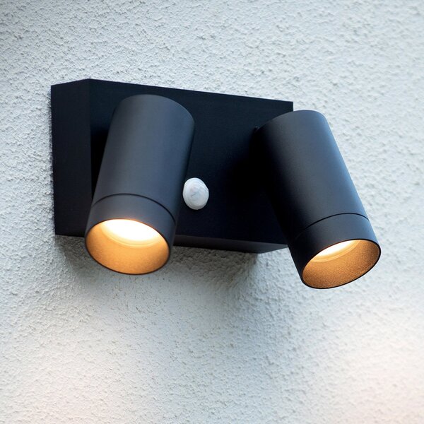 Lucide Εξωτερικός επίτοιχος προβολέας Taylor Sensor, 2 καυστήρων μαύρο, ρυθμιζόμενος, Μαύρο, Μέταλλο, σύγχρονο