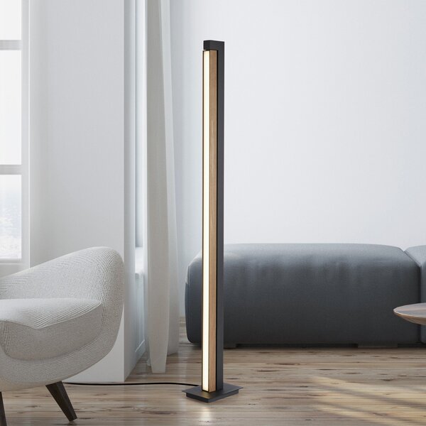 PURE Φωτιστικό δαπέδου LED Lines, μαύρο, ξύλο, τηλεχειριστήριο, 140 cm, ρυθμιζόμενος, Ξύλου, Σαλόνι / τραπεζαρία, Ξύλο