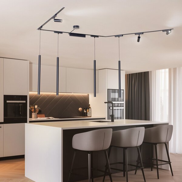 Lindby Track system Lumaro,σποτ,κρεμαστό,7-light,μαύρο,48V,dimmer, ρυθμιζόμενος, Μαύρο, Σαλόνι / τραπεζαρία, Αλουμίνιο, σύγχρονο, Κρεμαστά πολλαπλής φλόγας