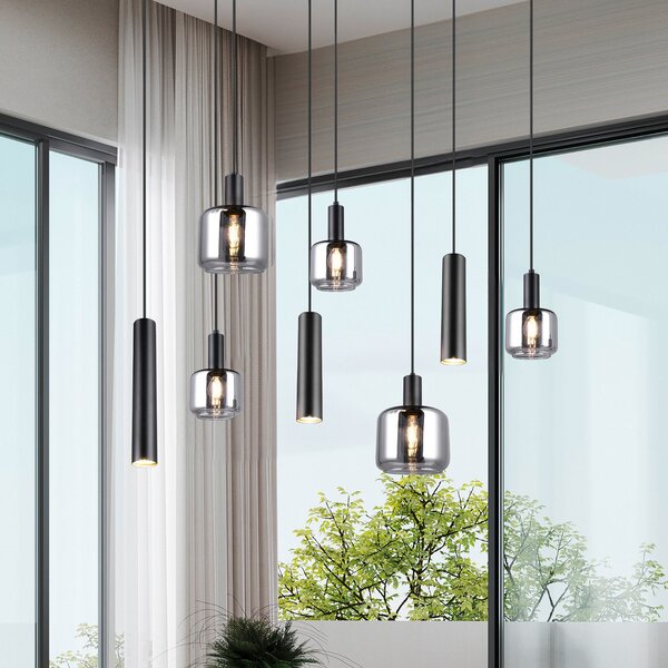Trio Lighting Mataro κρεμαστό φωτιστικό, χρώμιο/μαύρο, 118 cm, 8-light glass/metal, ρυθμιζόμενος, Μαύρο, Σαλόνι / τραπεζαρία, Γυαλί, σύγχρονο