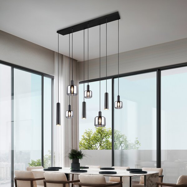 Trio Lighting Mataro κρεμαστό φωτιστικό, χρώμιο/μαύρο, 118 cm, 8-light glass/metal, ρυθμιζόμενος, Μαύρο, Σαλόνι / τραπεζαρία, Γυαλί, σύγχρονο