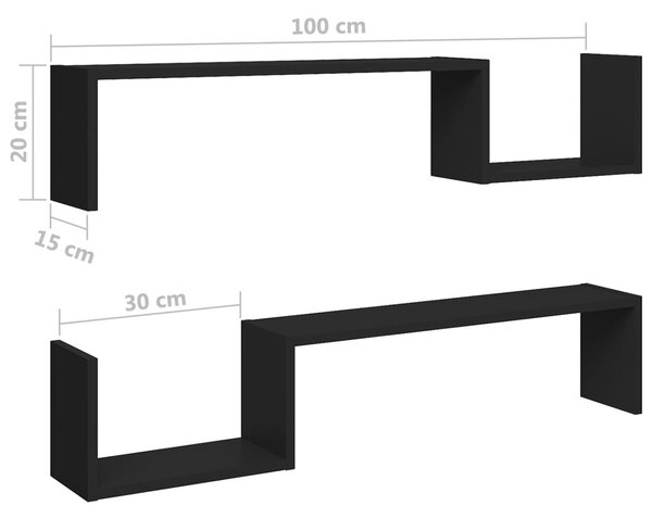 Ραφιέρες Τοίχου 2 τεμ. Μαύρες 100 x 15 x 20 εκ. από Επεξ. Ξύλο - Μαύρο